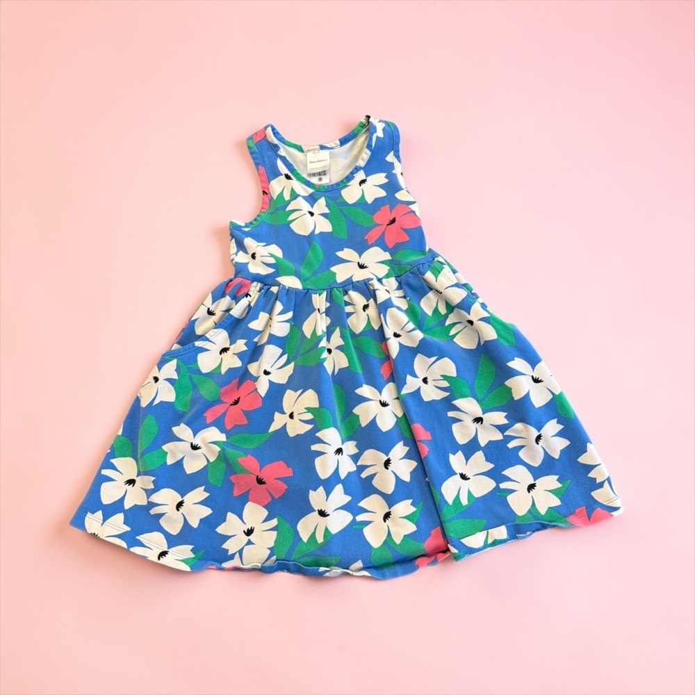 Hanna Andersson Blue Floral Sleeveless Twirl Skater Dress Pockets Size 4